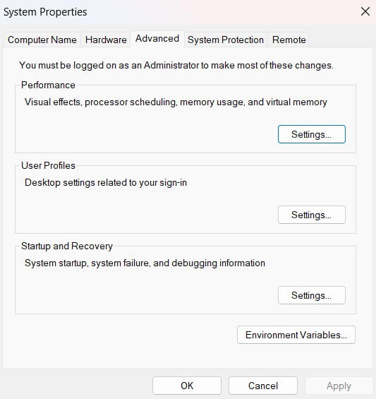 system properties window