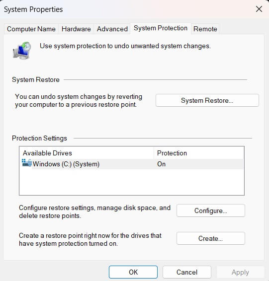 system restore settings on windows