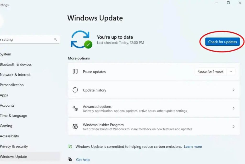 clicking on check for updates