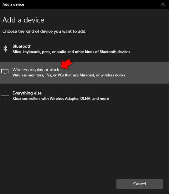 wireless display or dock option in windows
