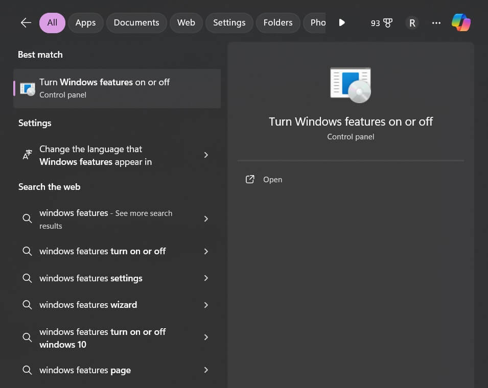 Open Windows features