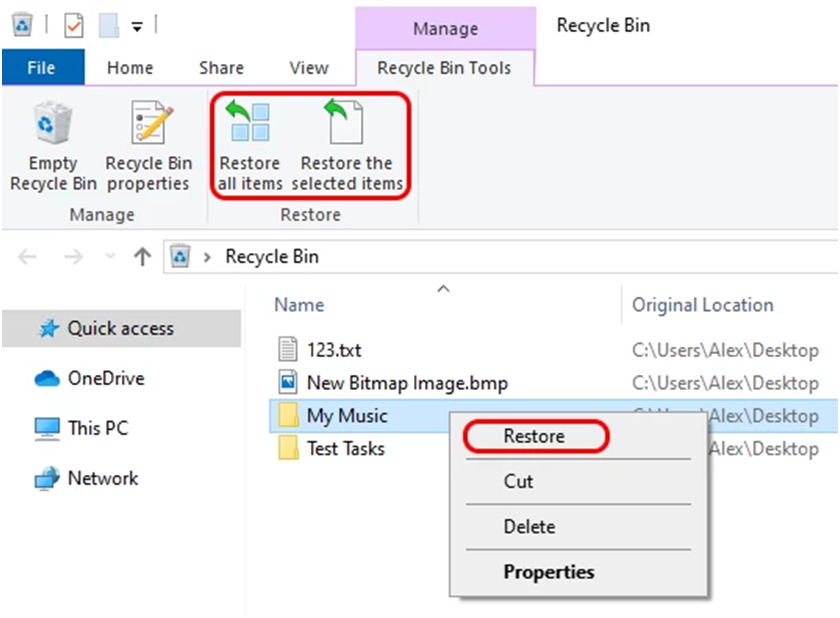 Restore from recycle bin