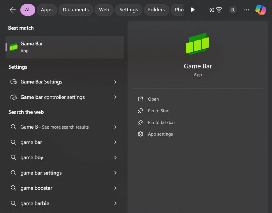 open the game bar via search