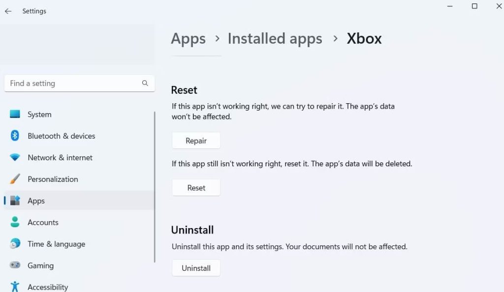 reset xbox app