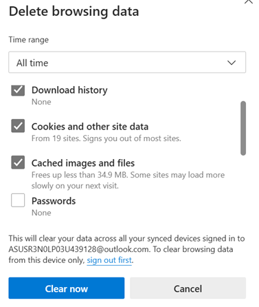 Clean download history cookies and cache on Edge