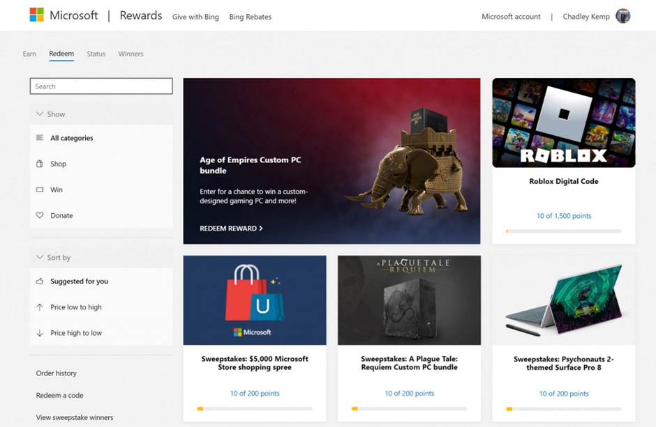 Redeem Roblox gift cards from Microsoft Rewards