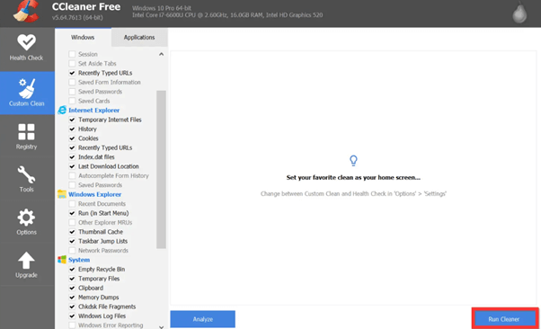 Run CCleaner on Windows 10 