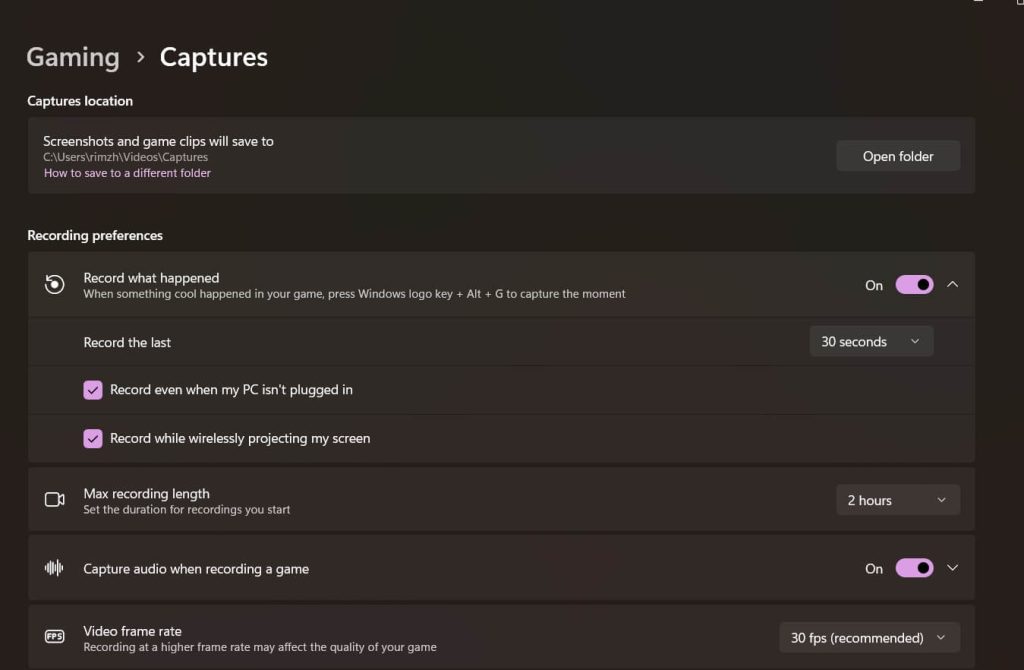 windows 11 record game bar settings