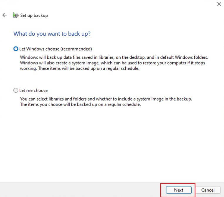 choose backup settings
