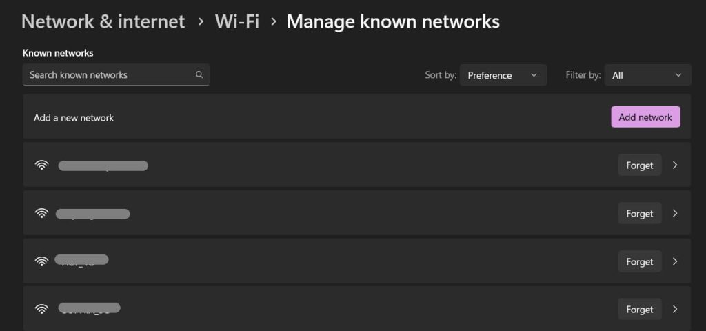 forget wifi network