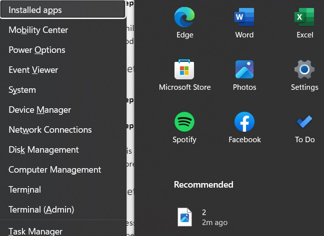 power menu Windows 11