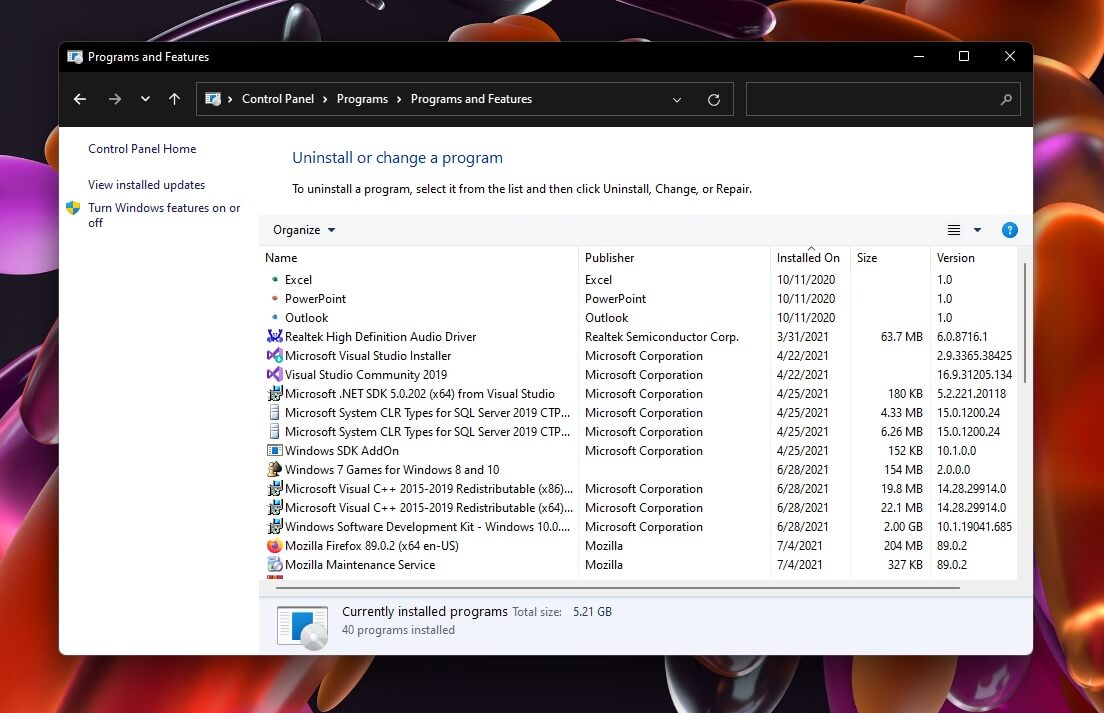 Overview of Programs and Features Settings in Windows 11