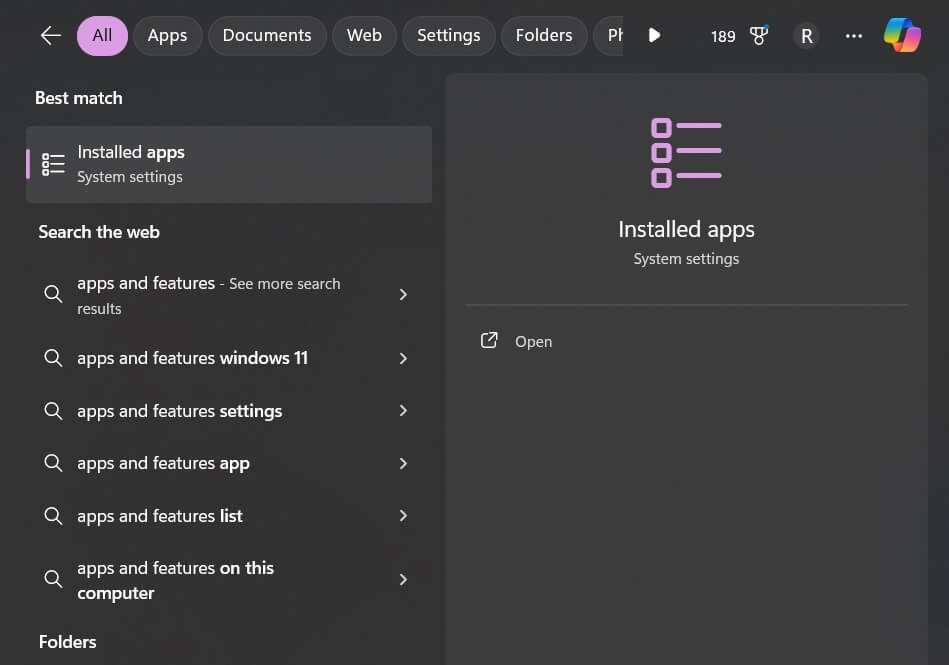 start menu installed apps
