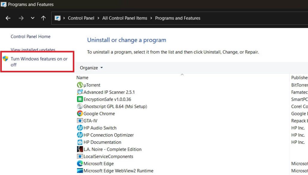 turn on windows features control panel