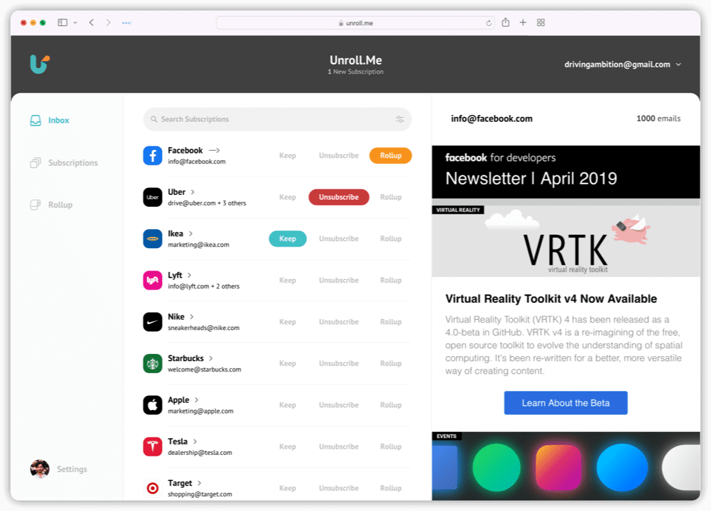 unroll me Gmail inbox cleaner
