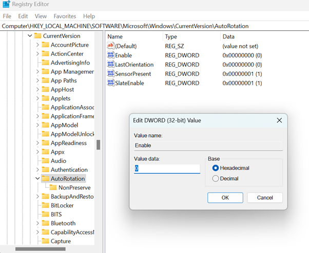 Use the registry editor to change screen orientation