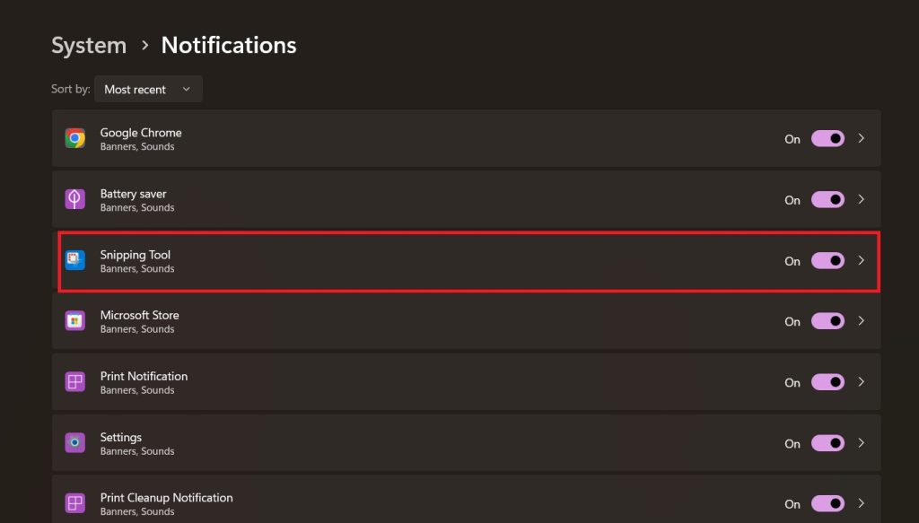 enable notifications snipping tool