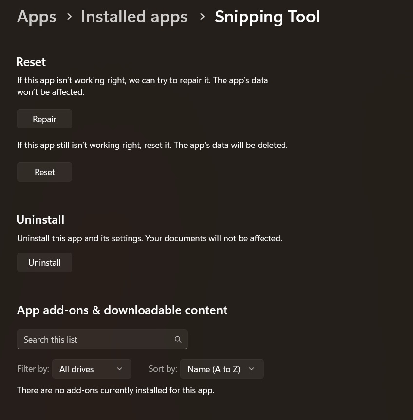 reset snipping tool windows 11