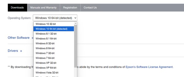 select OS on the Epson Website
