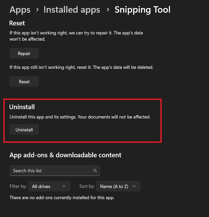 uninstall snipping tool