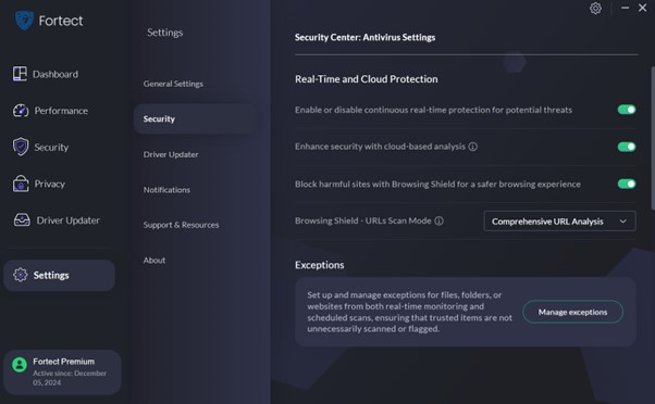 Fortect Antivirus Settings