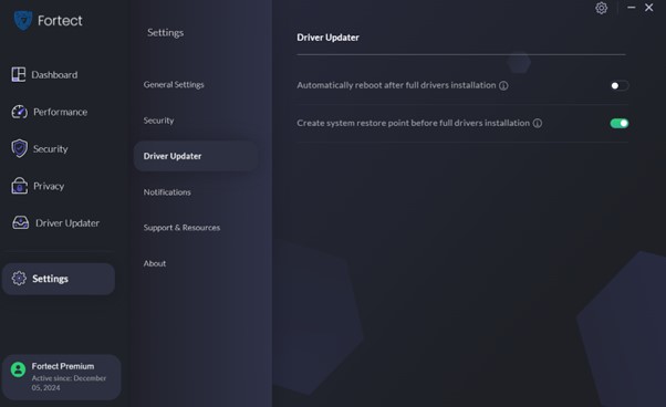 Fortect Driver Updater Settings