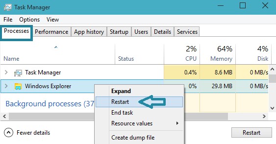 Restart Windows Explorer in Task Manager