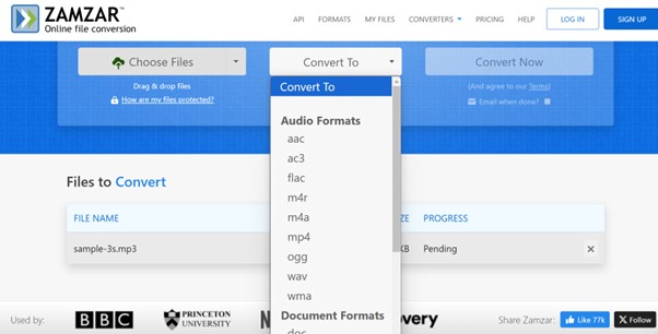 Zamzar audio formats