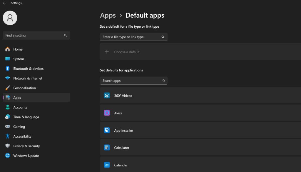 default apps list in settings