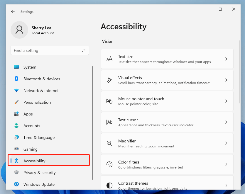 ease of access settings