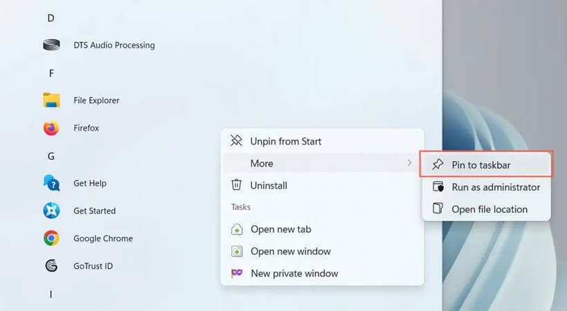 taskbar shortcut