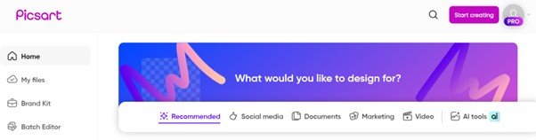 Picsart start creating a page