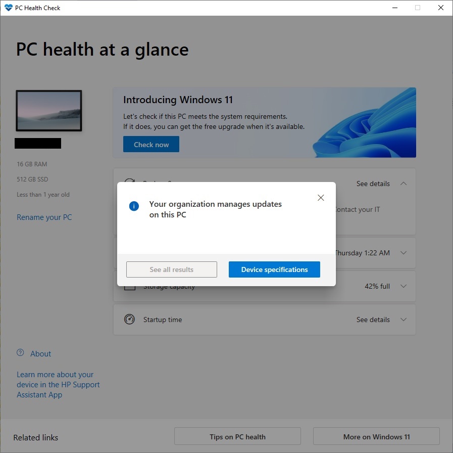 pc health check app results