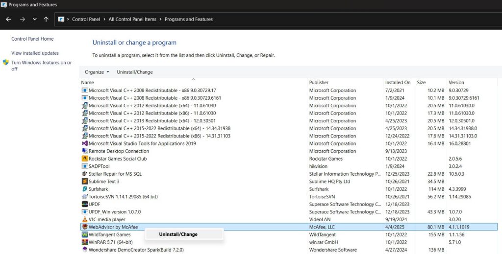 control panel to uninstall antivirus