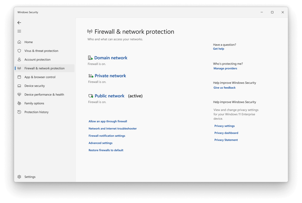 windows firewall and network settings