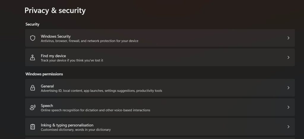 Windows privacy and security settings