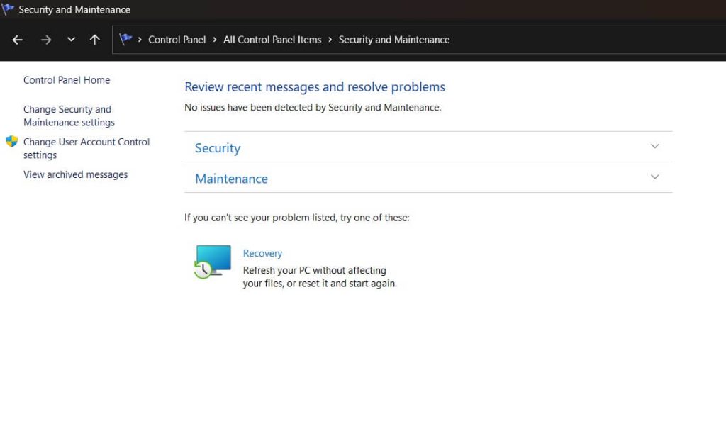change security and maintenance settings