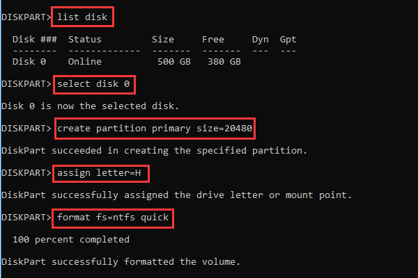 create and format hard disk partition diskpart