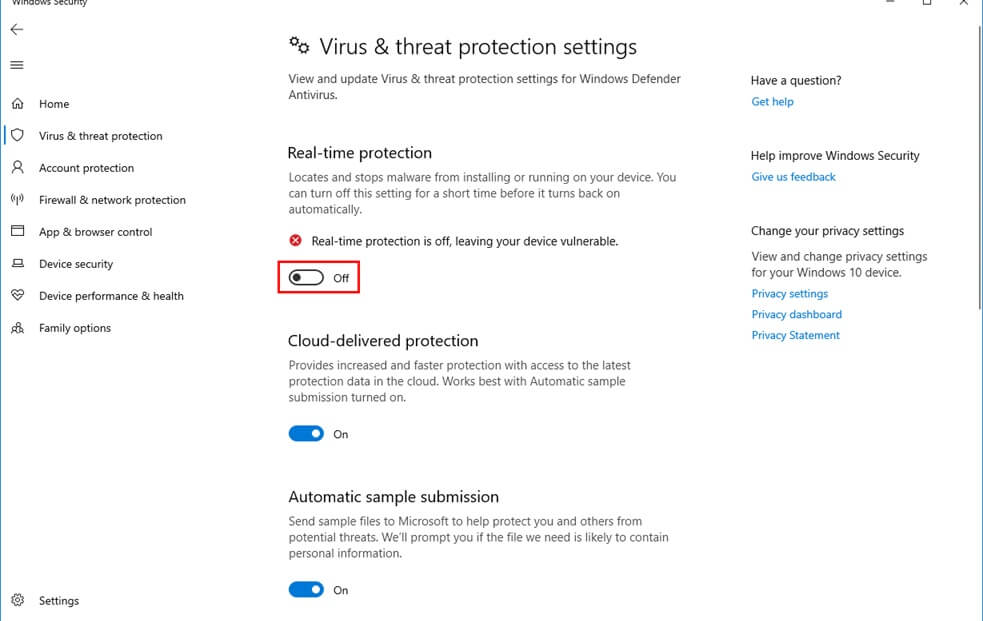 enable real time protection windows 10