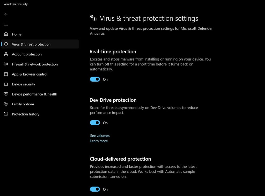 enable virus and threat protection