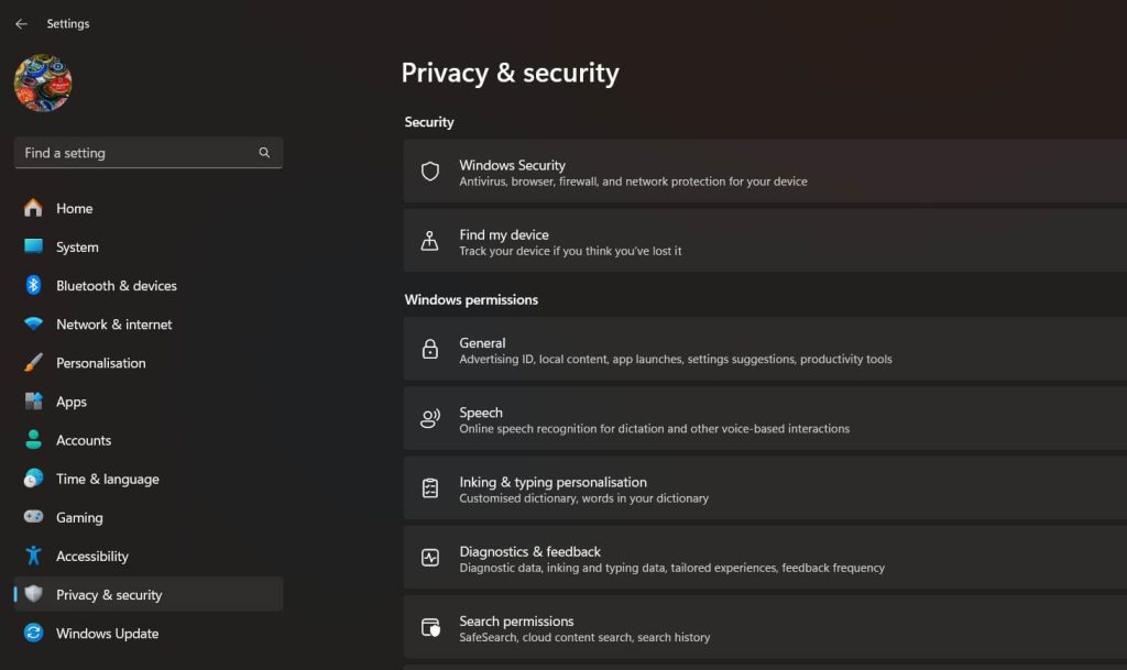 open windows security settings