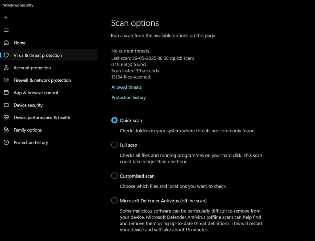 windows security scan options