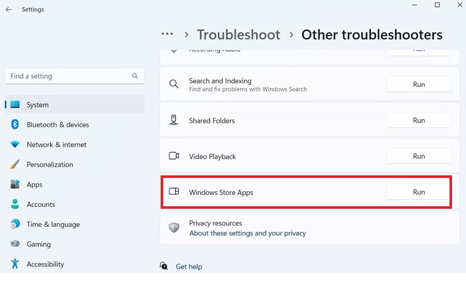 run troubleshooter windows store apps