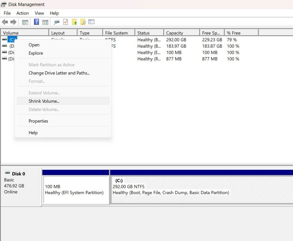 hrink volume disk management
