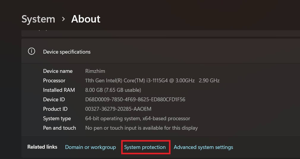 system protection settings