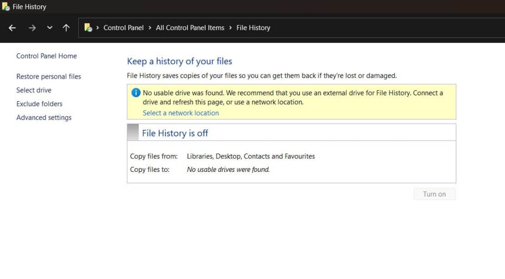 turn on file history