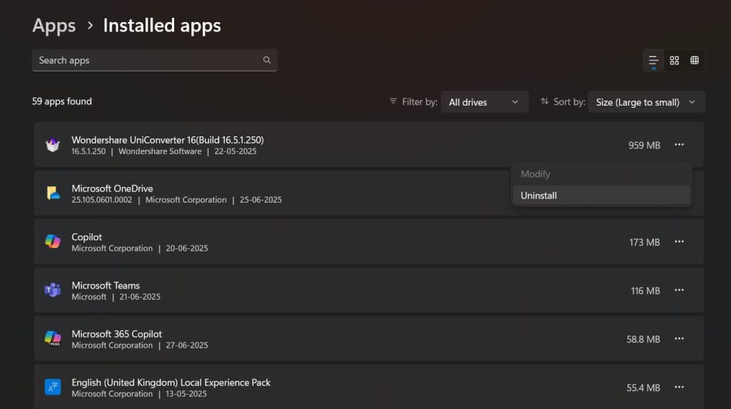 uninstall apps settings windows 11