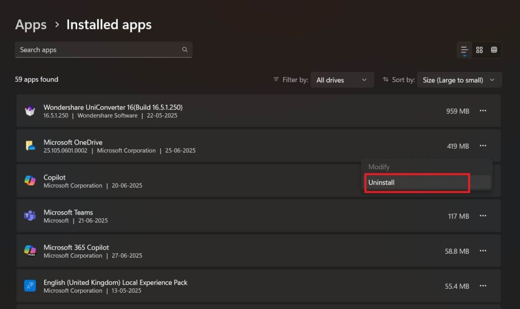 uninstall program app windows settings