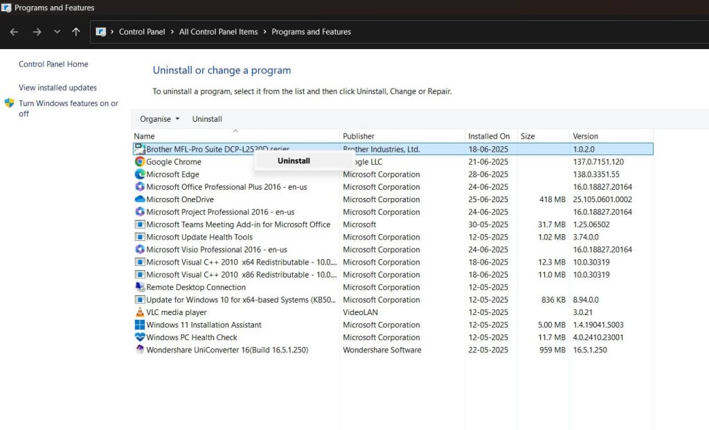 uninstall program control panel