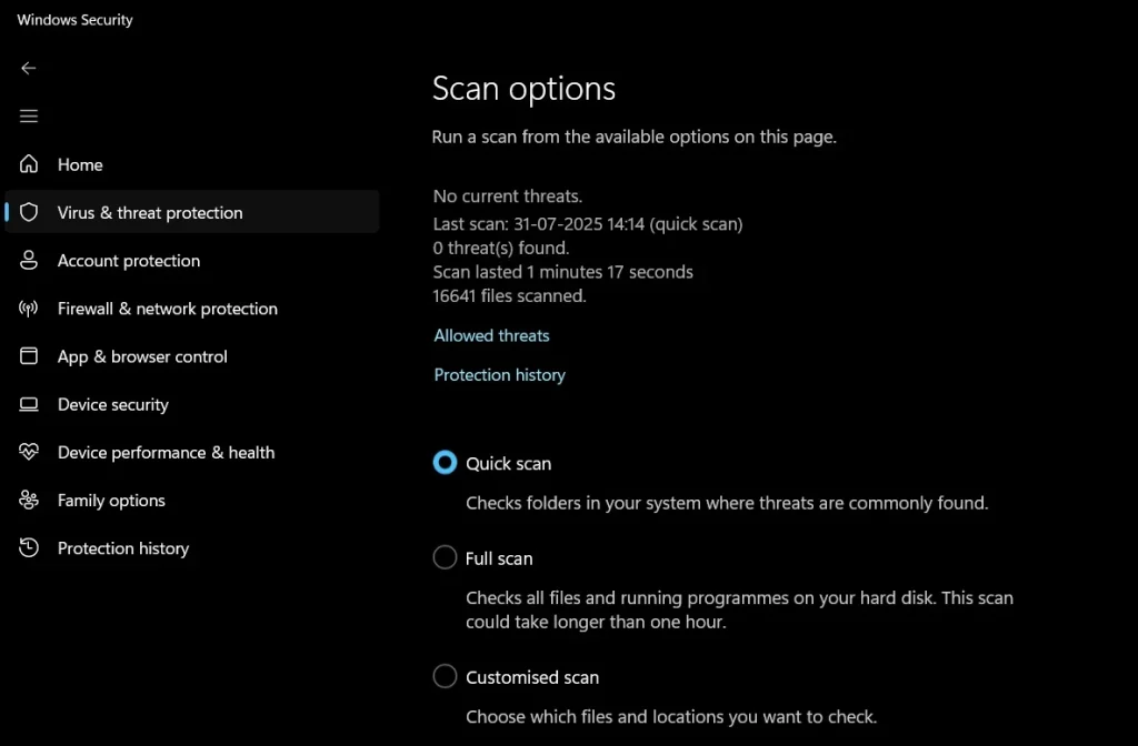 run virus scan Windows security app